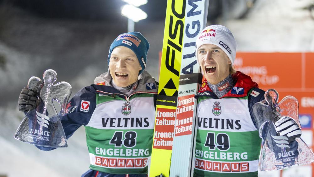 Die ÖSV-Adler feierten einen Doppelsieg. © ANSA / PHILIPP SCHMIDLI