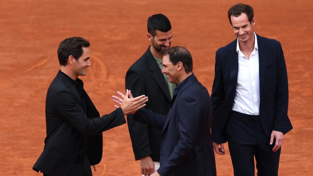 Haben eine Ära geprägt: Roger Federer (links), Rafael Nadal (vorne Mitte), Novak Djokovic (hinten Mitte) und Andy Murray (rechts). © APA/afp / FRANCK FIFE