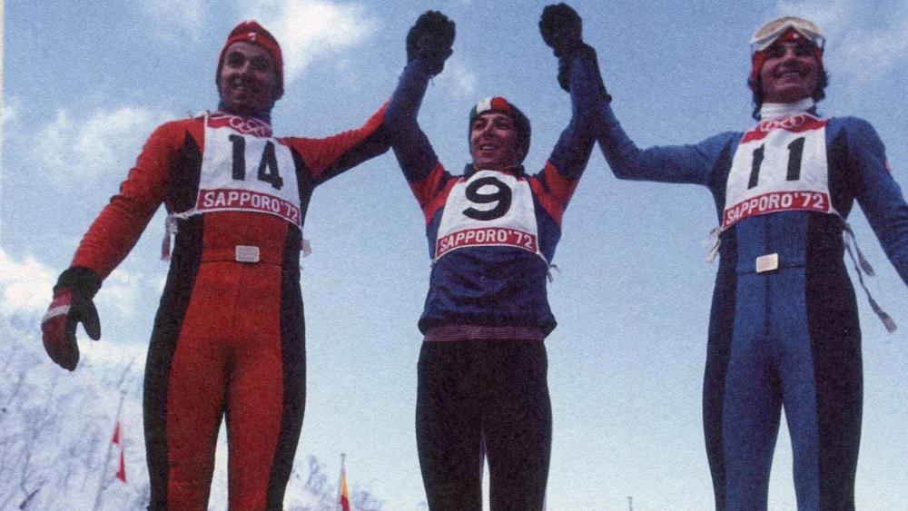 Olympisches Gold für Gustav Thöni (Mitte) im Riesenslalom von Sapporo 1972. © Archiv Skispuren