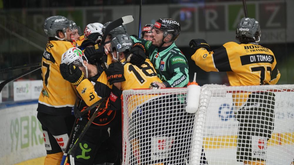 Der HC Pustertal (in gelb) liegt in der Serie mit 0:3 in Rückstand. © Graz99ers