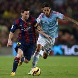 Barcelona, 1. November 2014: Lionel Messi (links) geht leer aus, Joaquin Larrivey (rechts) trifft. © AFP / LLUIS GENE