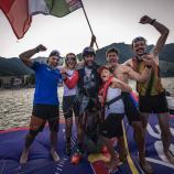 Aaron Durogati celebrates with his team at Lake Zell.