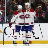 Nick Suzuki (links) und Juraj Slafkovsky (rechts) jubeln. © APA / WINSLOW TOWNSON