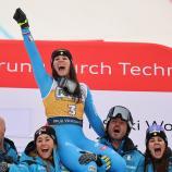 Nicol Delago is celebrated by her team. © Pentaphoto