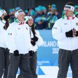 Tommaso Giacomel, Dorothea Wierer, Lukas Hofer et Lisa Vittozzi (de droite à gauche) lors de la cérémonie de remise des prix. © Felice Calabro'