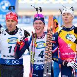 Das letzte Biathlon-Podium des Winters: Nawrath, Botn und Perrot (von links nach rechts). © APA/afp / HEIKO JUNGE