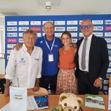 Präsentierten das Diving Meeting im Bozner Lido: Von links Giorgio Cagnotto, OK-Chef Ardelio Michielli, Tania Cagnotto und Bozens Bürgermeister Claudio Corrarati.
