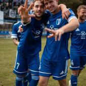 Edoardo Ghiotti (l.) celebrated with winning goal scorer Luca Polli on Sunday.