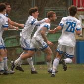 The Obermais players celebrate Marco Paulmichl (second from right), who scored twice. © Patrick Schwienbacher