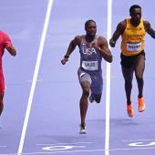 Owen Ansah (ganz rechts) gilt als Deutschlands Sprint-Hoffnung. © APA/afp / ANNE-CHRISTINE POUJOULAT