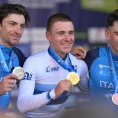 Medalists: Giulio Ciccione, Remco Evenepoel and Christian Scaroni (from left). © APA/afp / JURE MAKOVEC