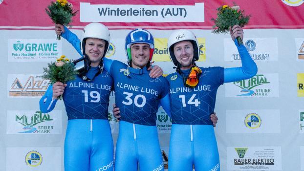 The men's podium with (from left) Hannes Unterholzner, Daniel Gruber and Mathias Troger. © Ulrich Wilhelm