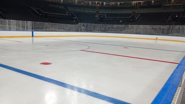 Images de la surface de glace de la nouvelle patinoire Santagiulia de Milan. © FloWie