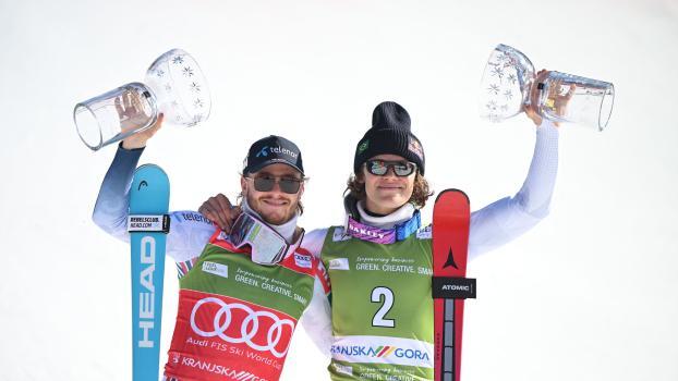 Atle Lie McGrath (links) und Lucas Pinheiro Braathen (rechts) haben schon einige unglaubliche Geschichten erlebt. © APA/afp / JURE MAKOVEC
