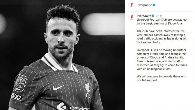 Liverpool FC striker Diogo Jota died at the age of 28. © ANSA / Instagram/@liverpoolfc