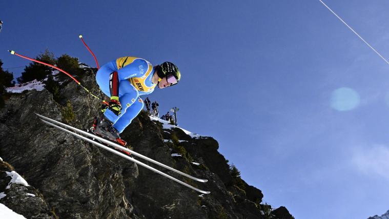Giovanni Franzoni bei der Hundschopfkante in Wengen. © ANSA / JEAN-CHRISTOPHE BOTT