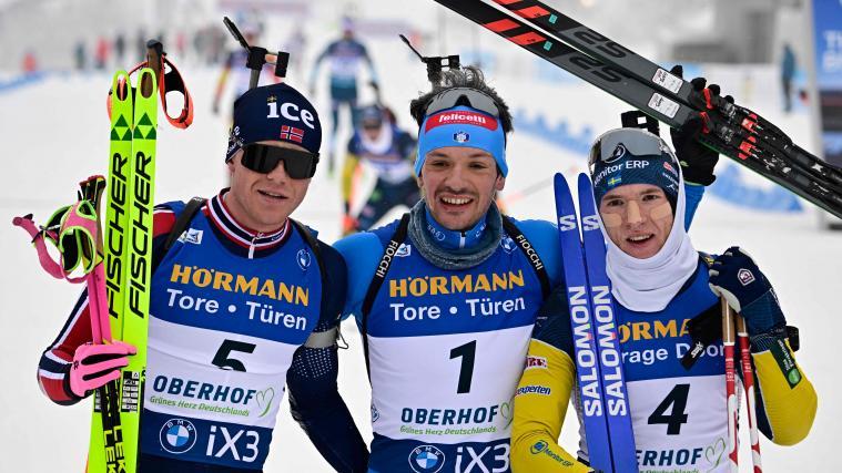 Martin Uldal, Tommaso Giacomel and Sebastian Samuelsson after the pursuit race in Oberhof (from left). © APA/afp / TOBIAS SCHWARZ