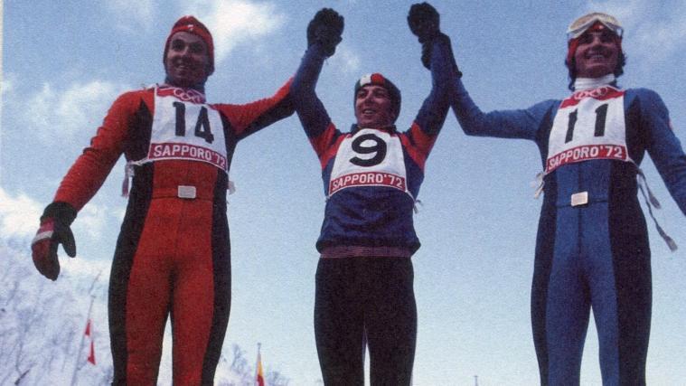 Olympisches Gold für Gustav Thöni (Mitte) im Riesenslalom von Sapporo 1972. © Archiv Skispuren