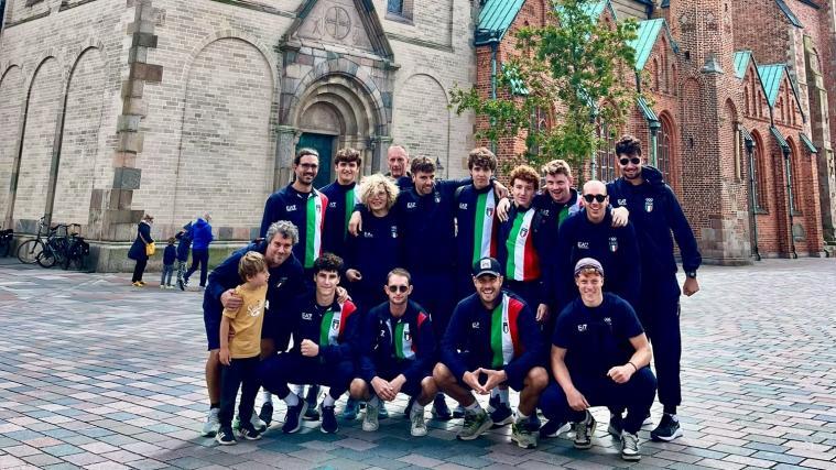 Italy's fistball players in Ribe, the oldest city in Denmark and once an important Viking trading city.