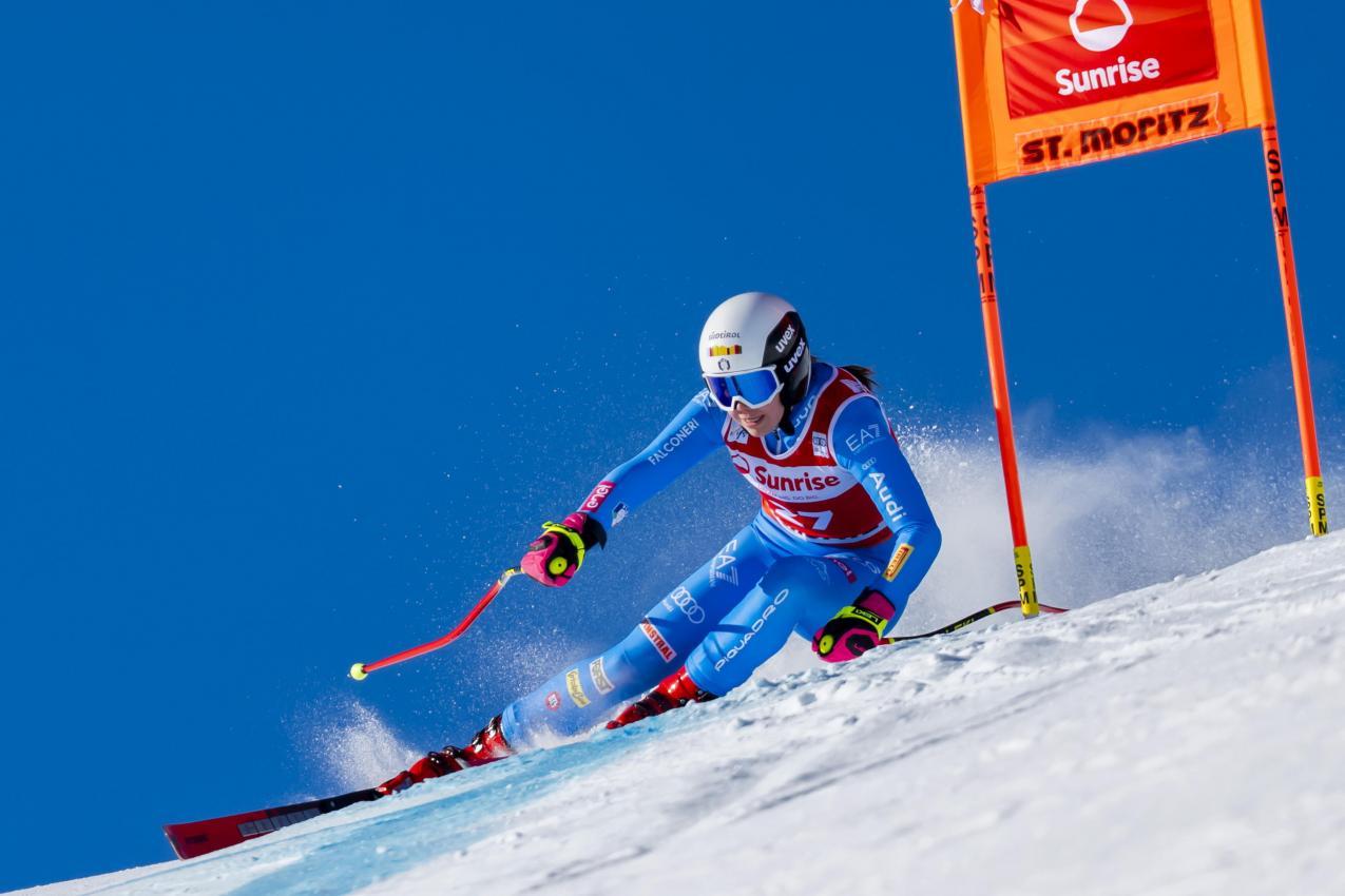 Nadia Delago bei der Weltcup-Abfahrt in St. Moritz. © ANSA / CLAUDIO THOMA
