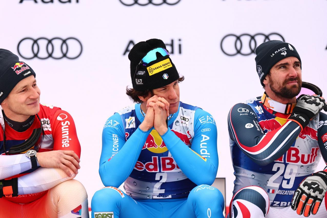 Marco Odermatt, Giovanni Franzoni und Maxence Muzaton (v.l.n.r.) in Kitzbühel. © ANSA / ANNA SZILAGYI