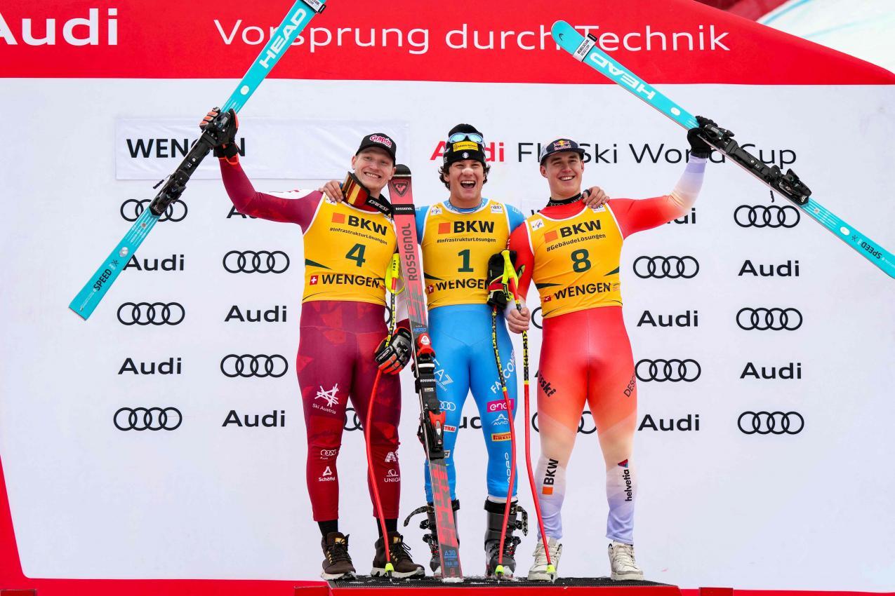 Super-G-Podest in Wengen: Stefan Babinsky, Giovanni Franzoni und Franjo von Allmen. © APA/afp / DIMITAR DILKOFF