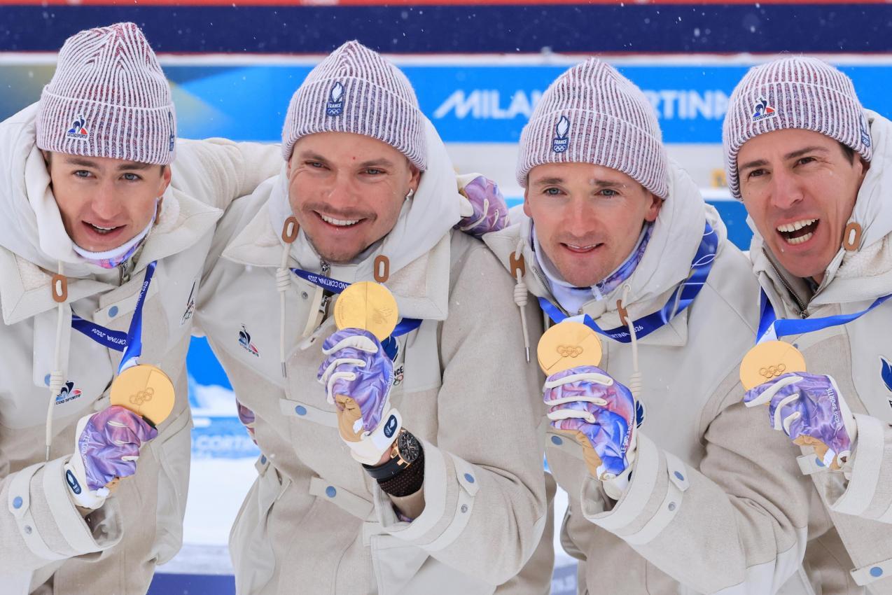 Die französische Staffel mit ihrem Olympia-Gold. © ANSA / PIERRE TEYSSOT