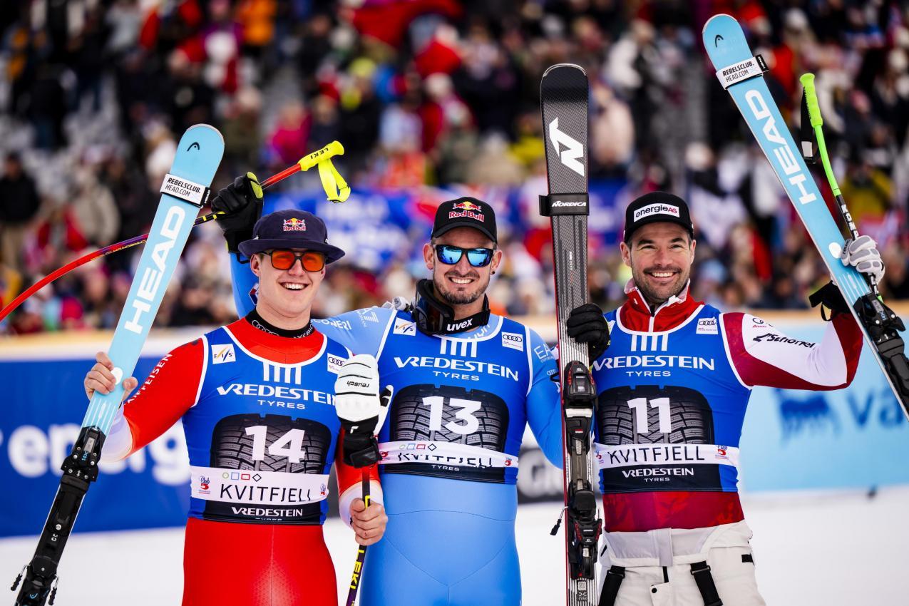Franjo von Allmen, Dominik Paris und Vincent Kriechmayr standen am Samstag auf dem Podest. © ANSA / JEAN-CHRISTOPHE BOTT