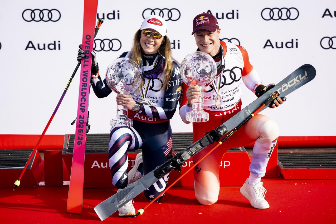 Mikaela Shiffrin und Marco Odermatt haben sich in einem Podcast ausgetauscht. © ANSA / JEAN-CHRISTOPHE BOTT