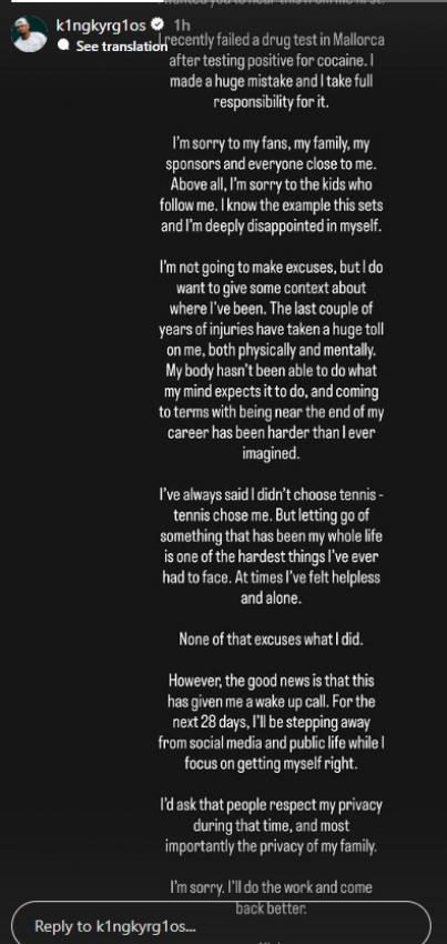 Kyrgios gab in einer Insta-Story alles zu.