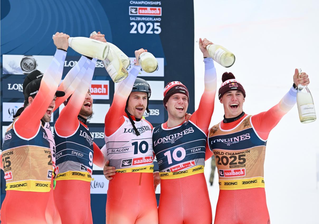 Marc Rochat (in der weißen Startnummer) bei der Ski-WM 2025. © APA / BARBARA GINDL