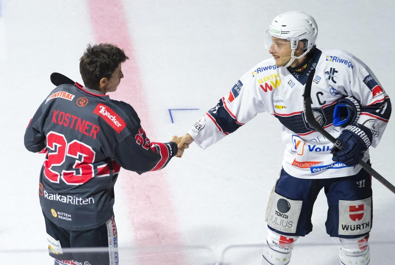 Die beiden Kapitäne Simon Kostner (Ritten/links) und Gabriel Zerbetto (Unterland Cavaliers/rechts). © Max Pattis