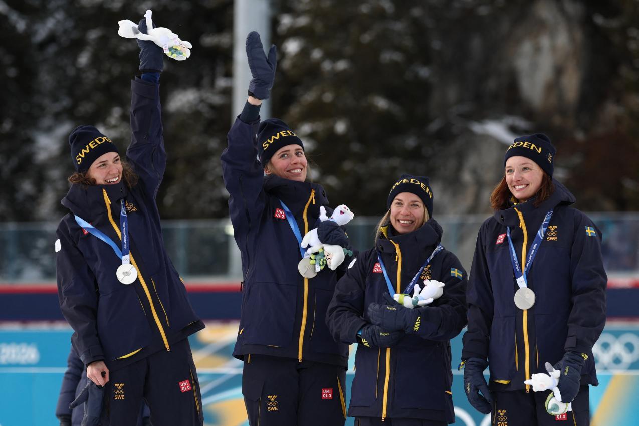 Erfolgreiches Quartett, von links: Hanna Öberg, Elvira Öberg, Anna Magnusson und Linn Gestblom. © AFP / FRANCK FIFE